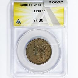 1838 Large Cent ANACS VF30