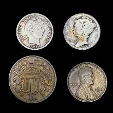 (4) Varied US Coinage (1865, 1908-W, 1911-S, 1921-