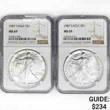 (2) 1987 American Silver Eagle NGC MS69