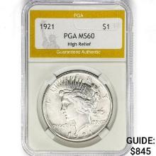 1921 Silver Peace Dollar PGA MS60 High Relief