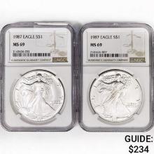 (2) 1987 American Silver Eagle NGC MS69