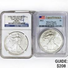 (2) American Silver Eagle NGC,PCGS MS 2011-2012