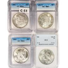 1896-1925 (Set 4) 2- Morgan, 2- Peace Dollars MS