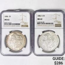 (2) Morgan Silver Dollar NGC MS62 1882-1886