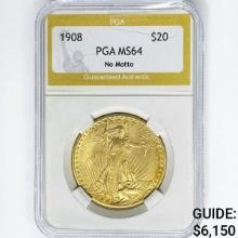 1908 $20 Gold Double Eagle PGA MS64 No Motto