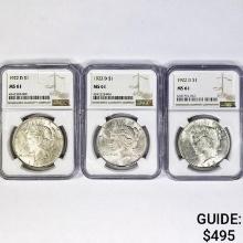 (3) 1922-D Peace Silver Dollar NGC MS61