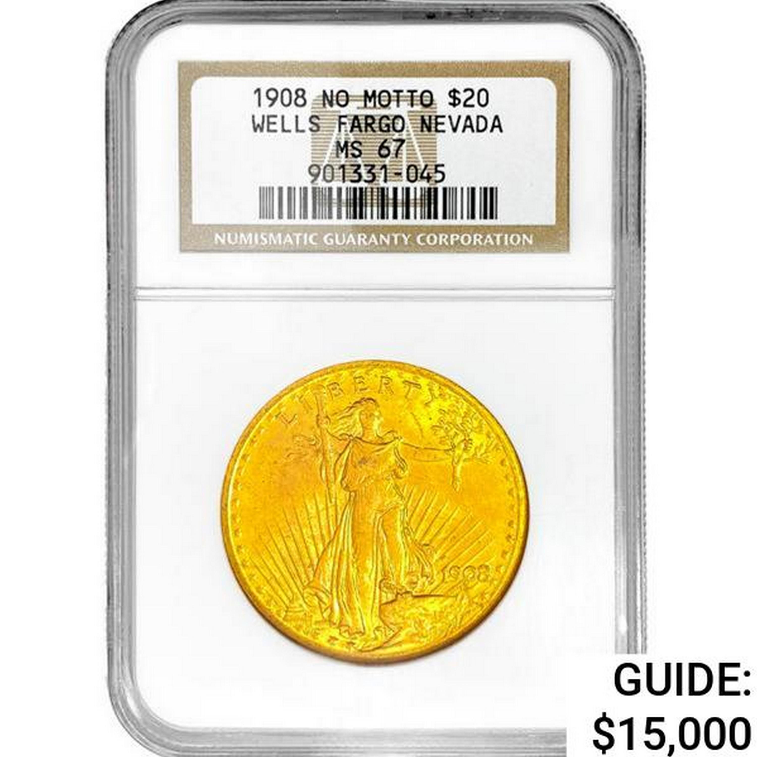 1908 No Motto $20 Gold Double Eagle NGC MS67 Wells