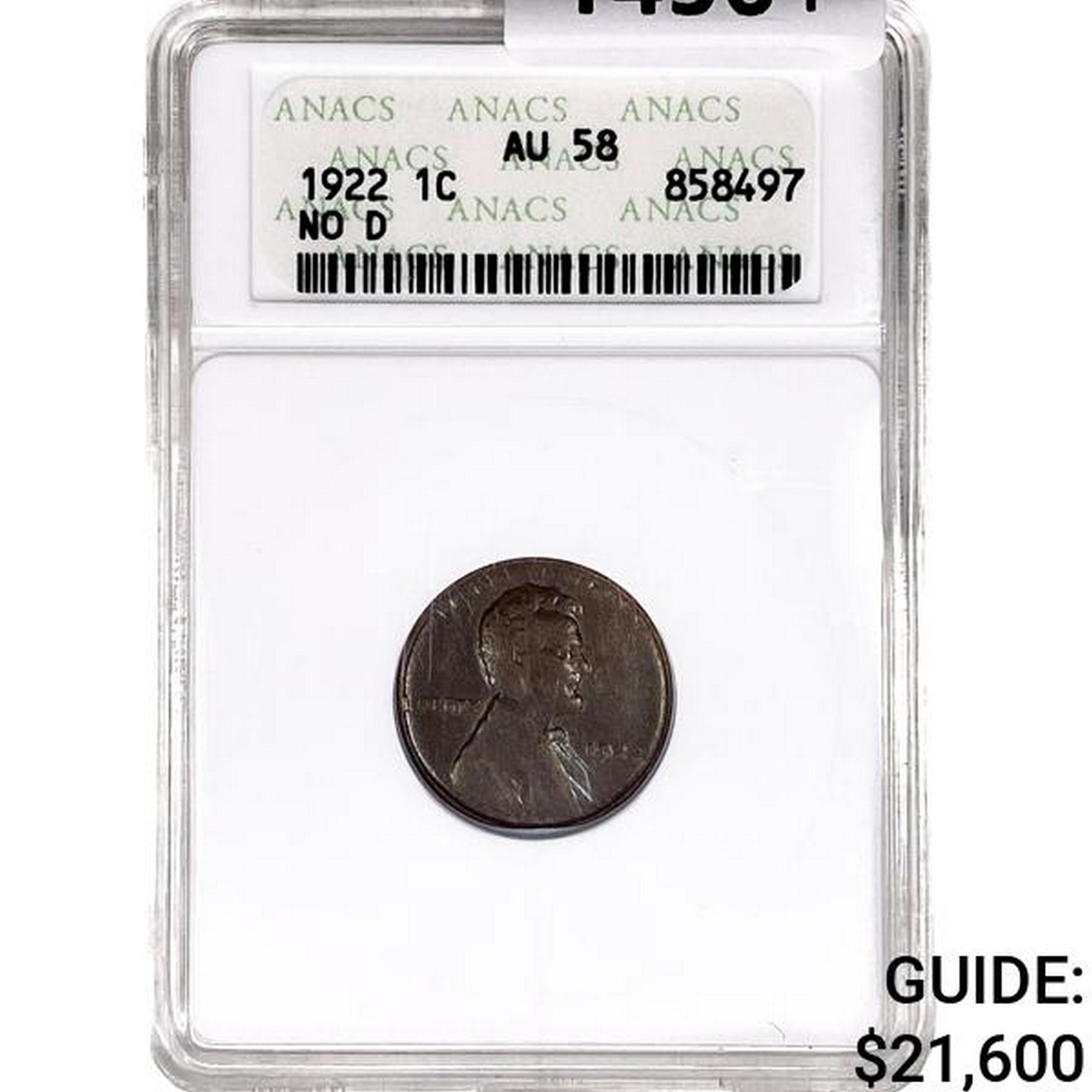 1922 Wheat Cent ANACS AU58 No D