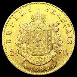 1862 France .1867oz Gold 20 Francs CLOSELY UNCIRCU