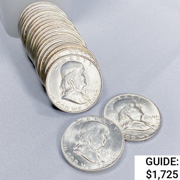 1950-D Franklin Half Dollars Roll (20 Coins)