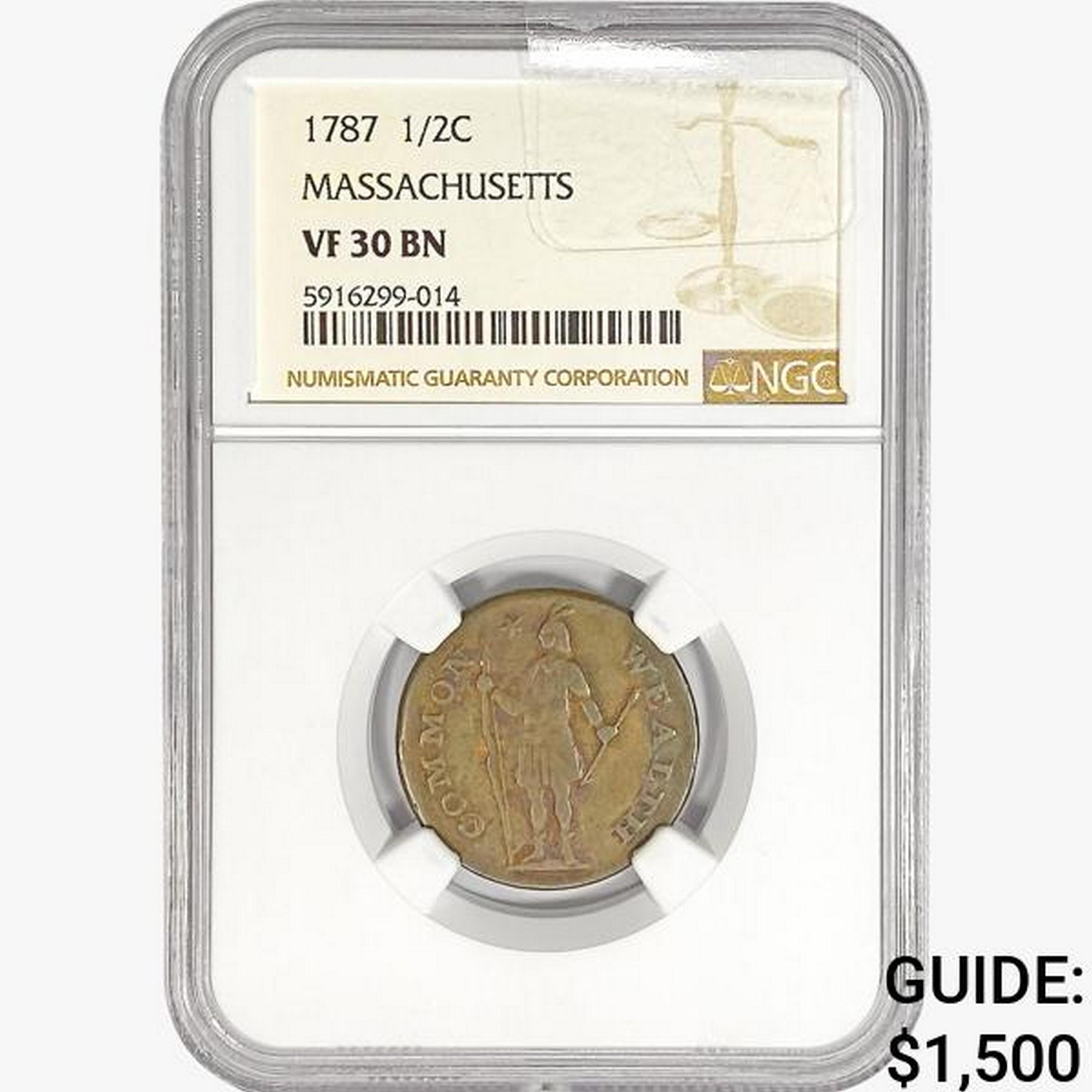 1787 Massachusetts Half Cent NGC VF30 BN