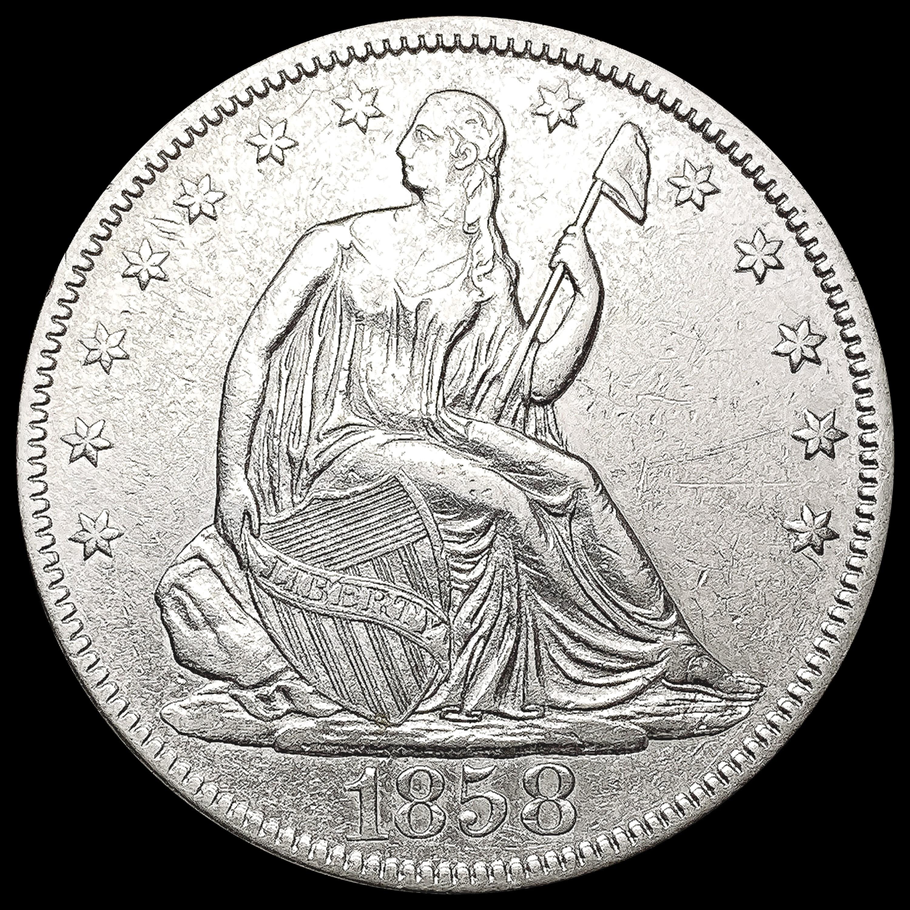 1858 Seated Liberty Half Dollar CLOSELY UNCIRCULAT