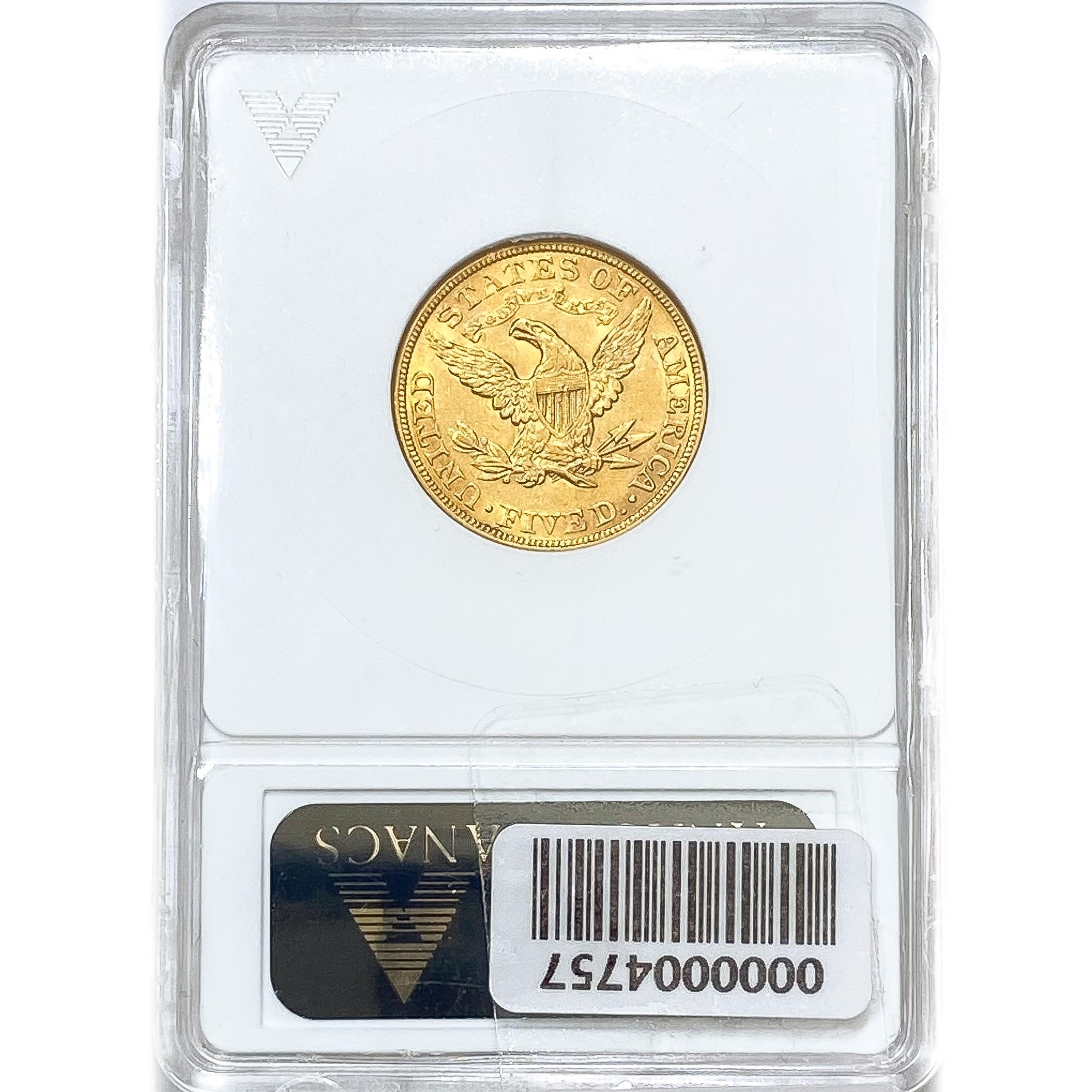 1880 $5 Gold Half Eagle ANACS AU53