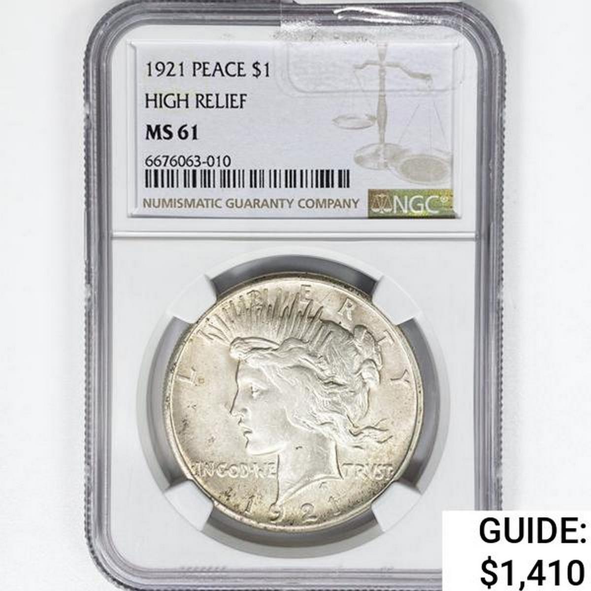 1921 Silver Peace Dollar NGC MS61 High Relief