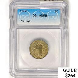 1867 Shield Nickel ICG AU58 No Rays