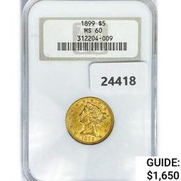 1899 $5 Gold Half Eagle NGC MS60