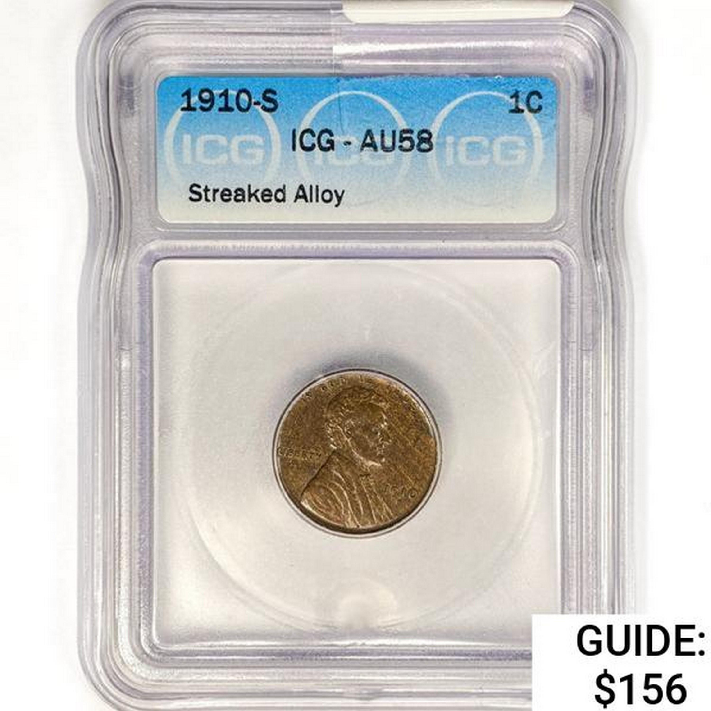 1910-S Wheat Cent ICG AU58 Streaked Alloy