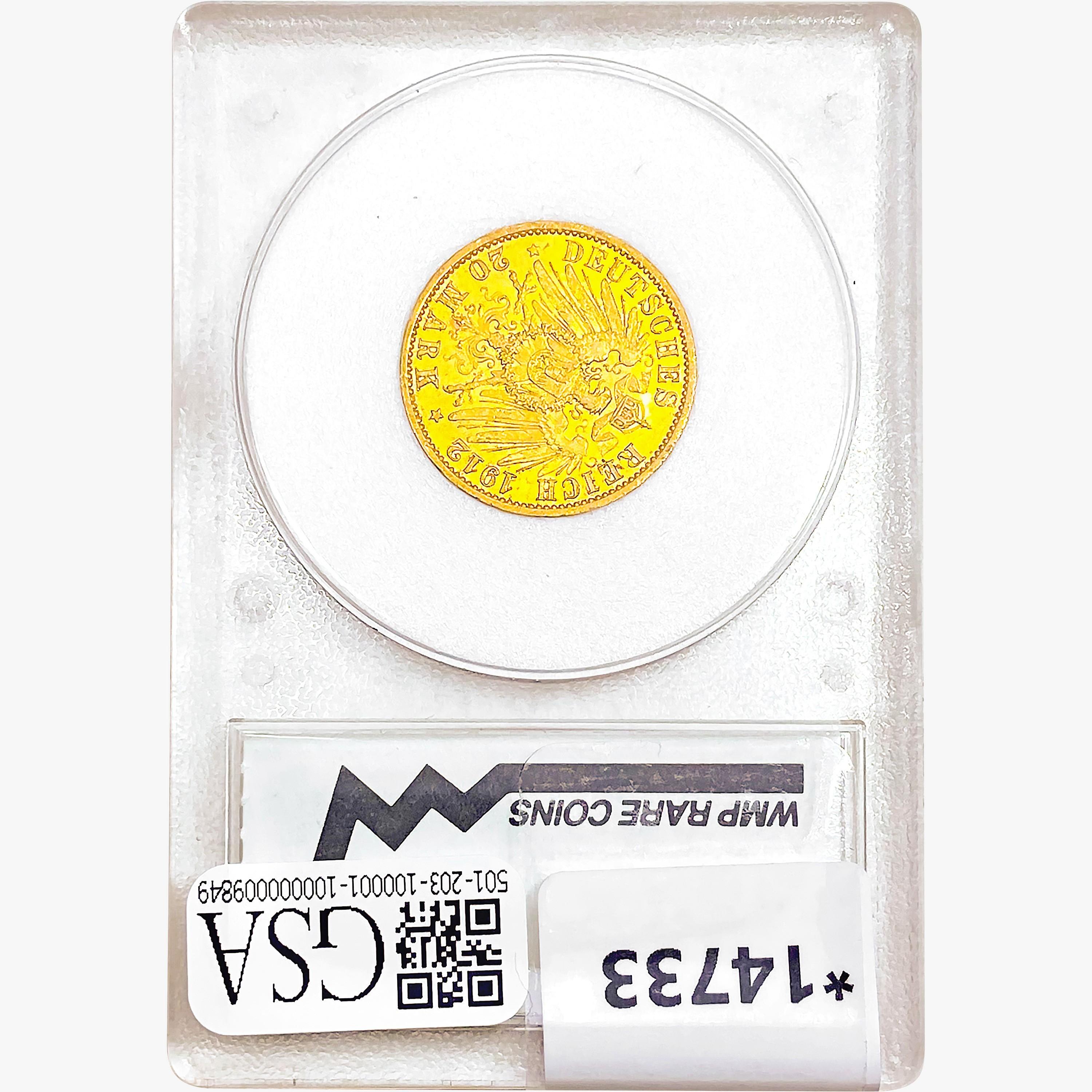 1912 .2305oz. Gold German 20 Mark Regular Bust WMP