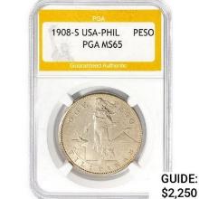 1908-S USA-Phil One Peso PGA MS65