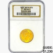 1932 .1947oz. Gold Netherlands 10 Gulden NGC MS62