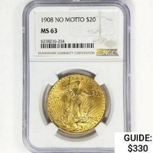1908 $20 Gold Double Eagle NGC MS63 NO MOTTO