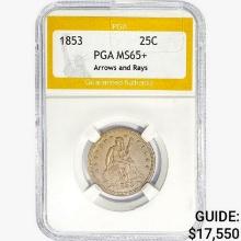 1853 Seated Liberty Quarter PGA MS65+ ARWS&Rays