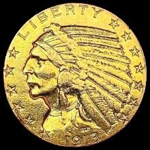 1913 $5 Gold Half Eagle ABOUT UNCIRCULATED