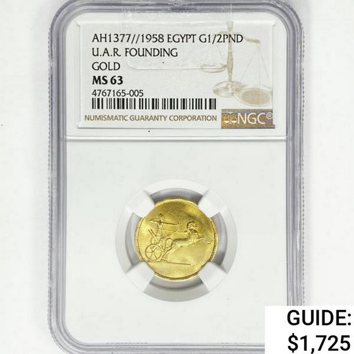 AH1377//1958 Egypt .1196oz Gold 1/2PND NGC MS63