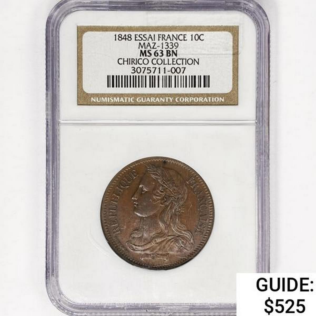 1848 Essai France 10 Centimes NGC MS63 BN