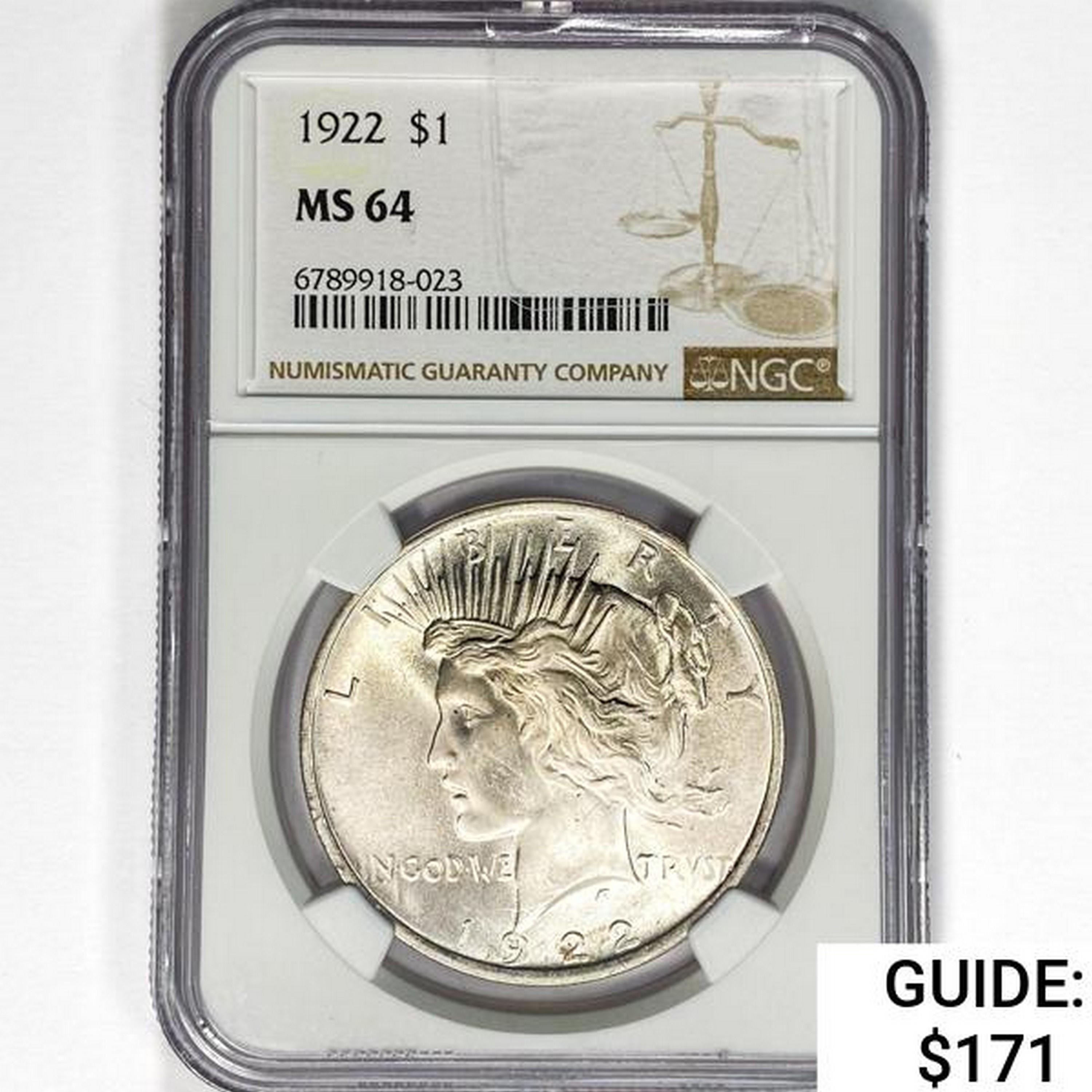 1922 Silver Peace Dollar NGC MS64