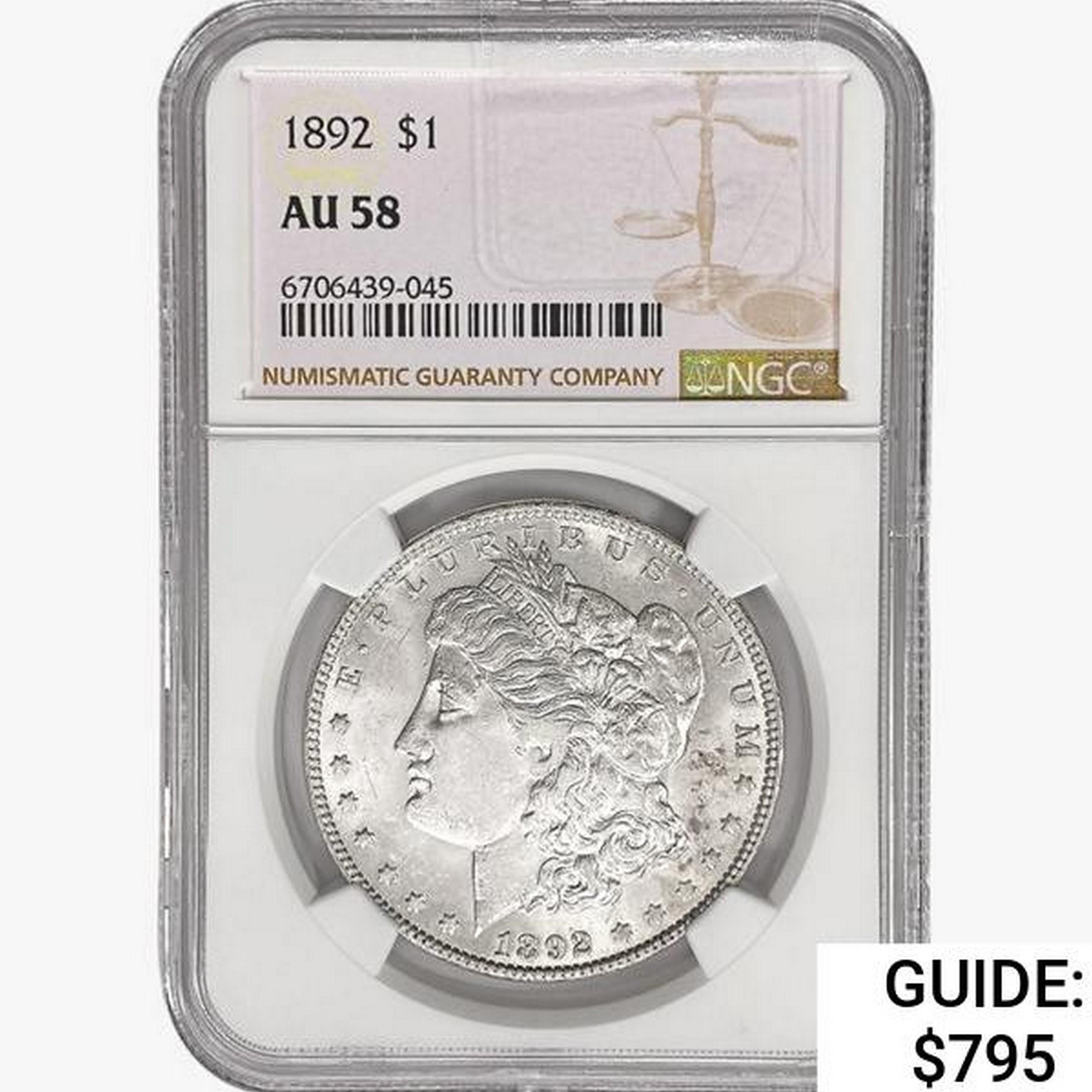 1892 Morgan Silver Dollar NGC AU58