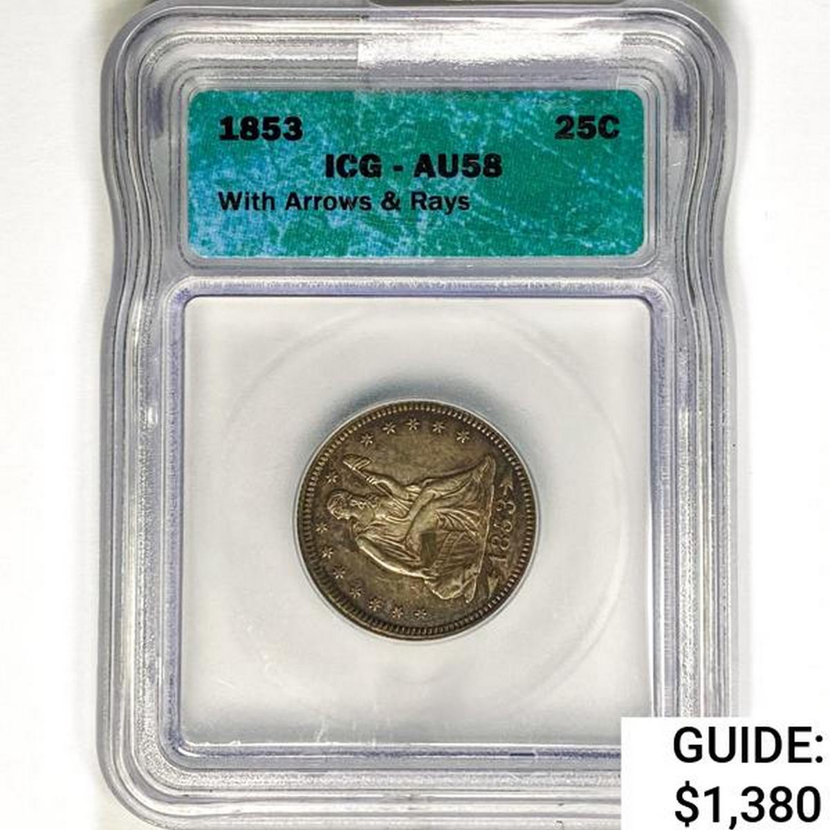 1853 Seated Liberty Quarter ICG AU58 W/ ARWS&Rays