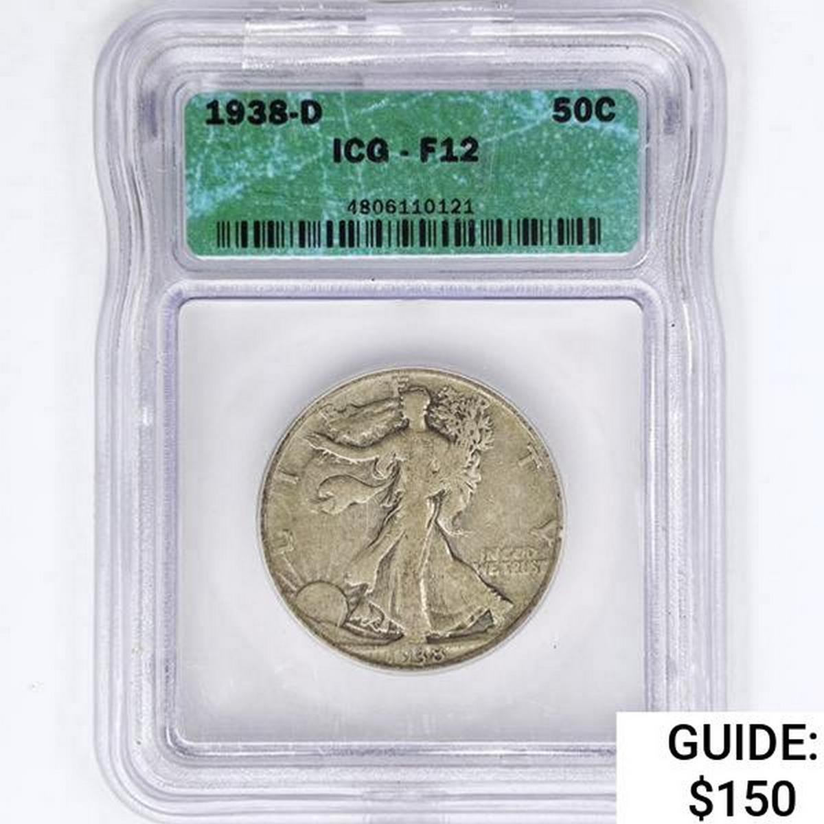 1938-D Walking Liberty Half Dollar ICG F12