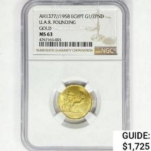 AH1377//1958 Egypt .1196oz Gold 1/2PND NGC MS63