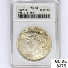 1922 Silver Peace Dollar ANACS MS63 DBL DIE REV