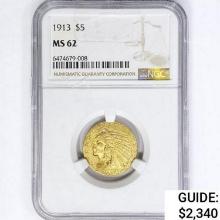 1913 $5 Gold Half Eagle NGC MS62