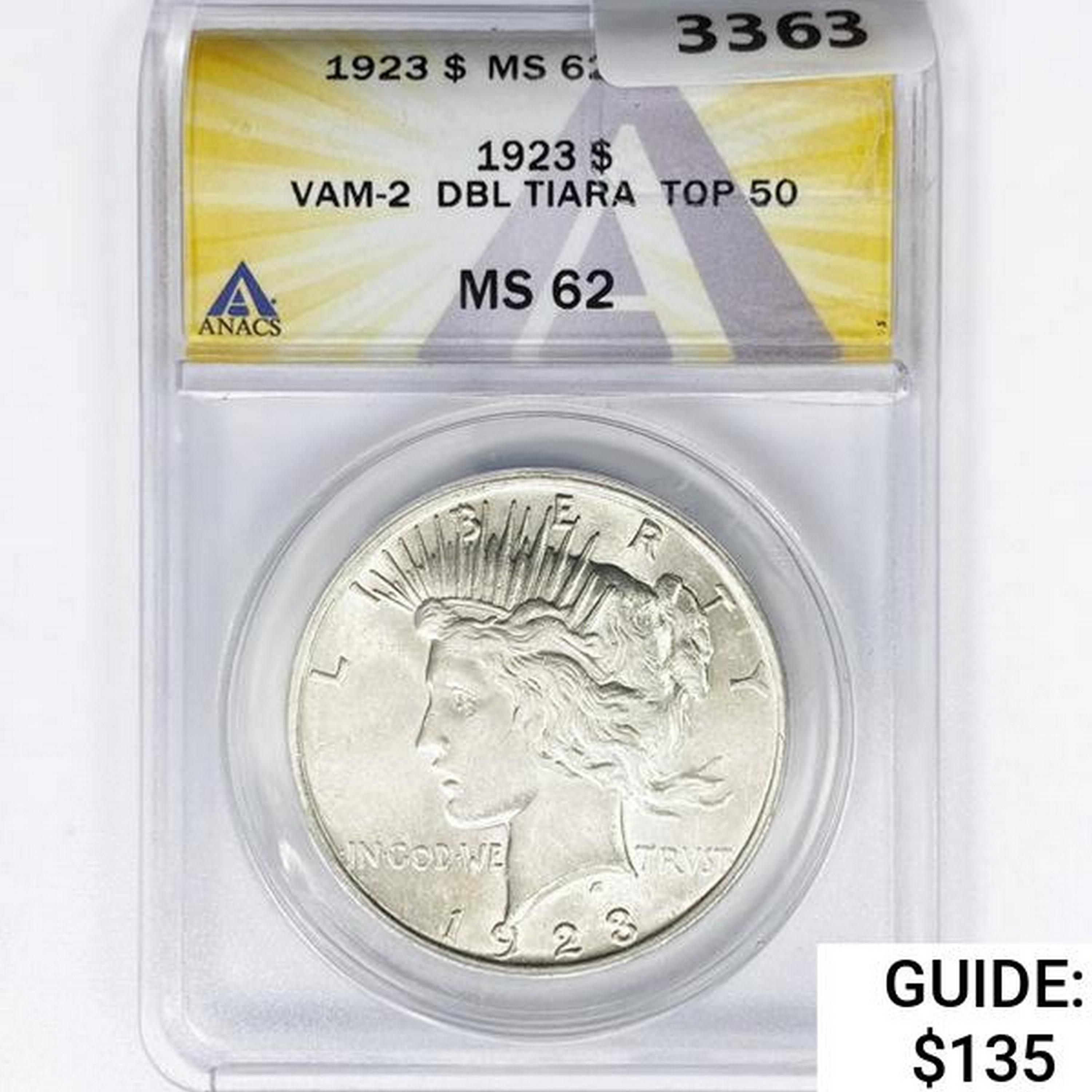 1923 Silver Peace Dollar ANACS MS62 VAM2 DBL Tiara