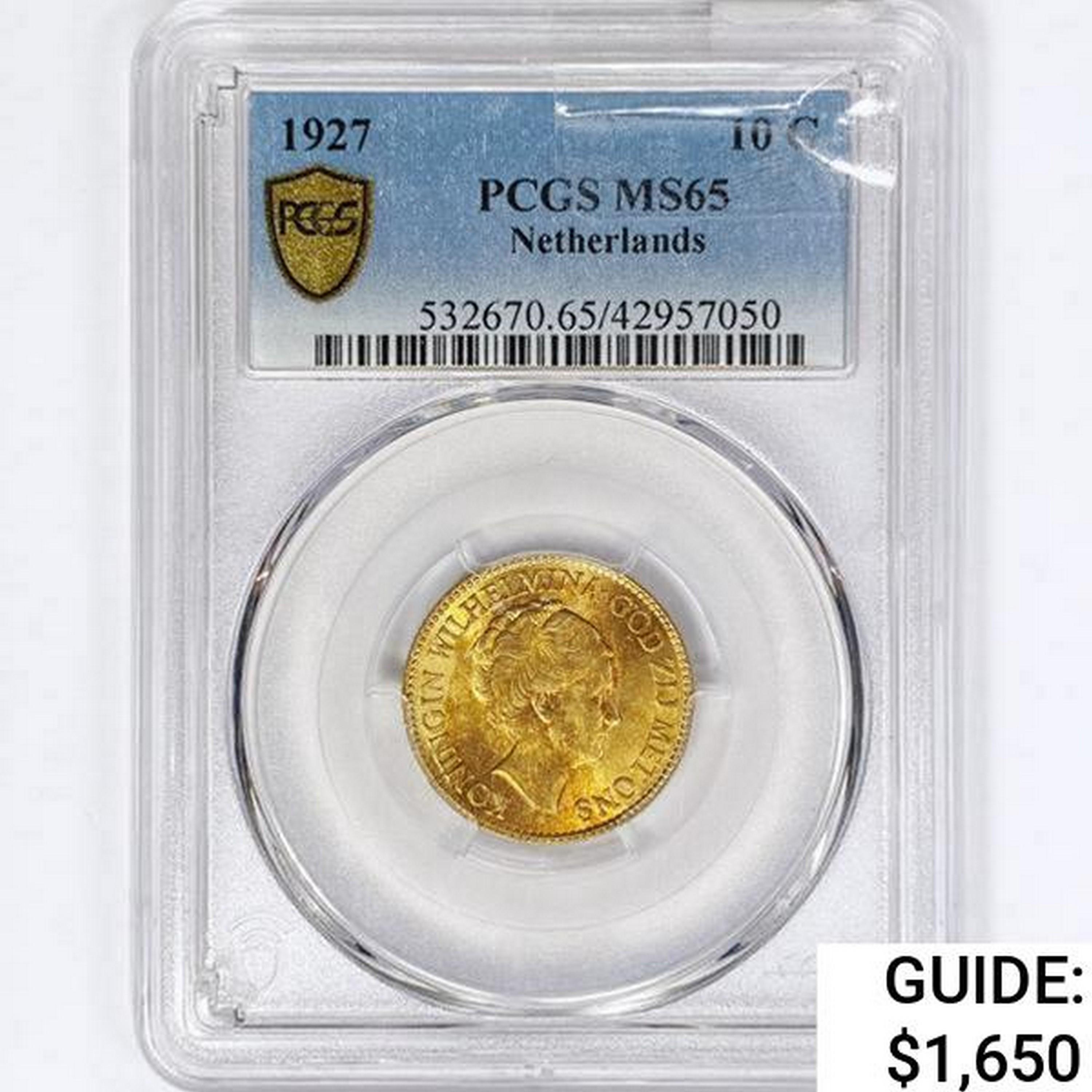 1927 Netherlands .1947oz Gold 10 Gulden PCGS MS65