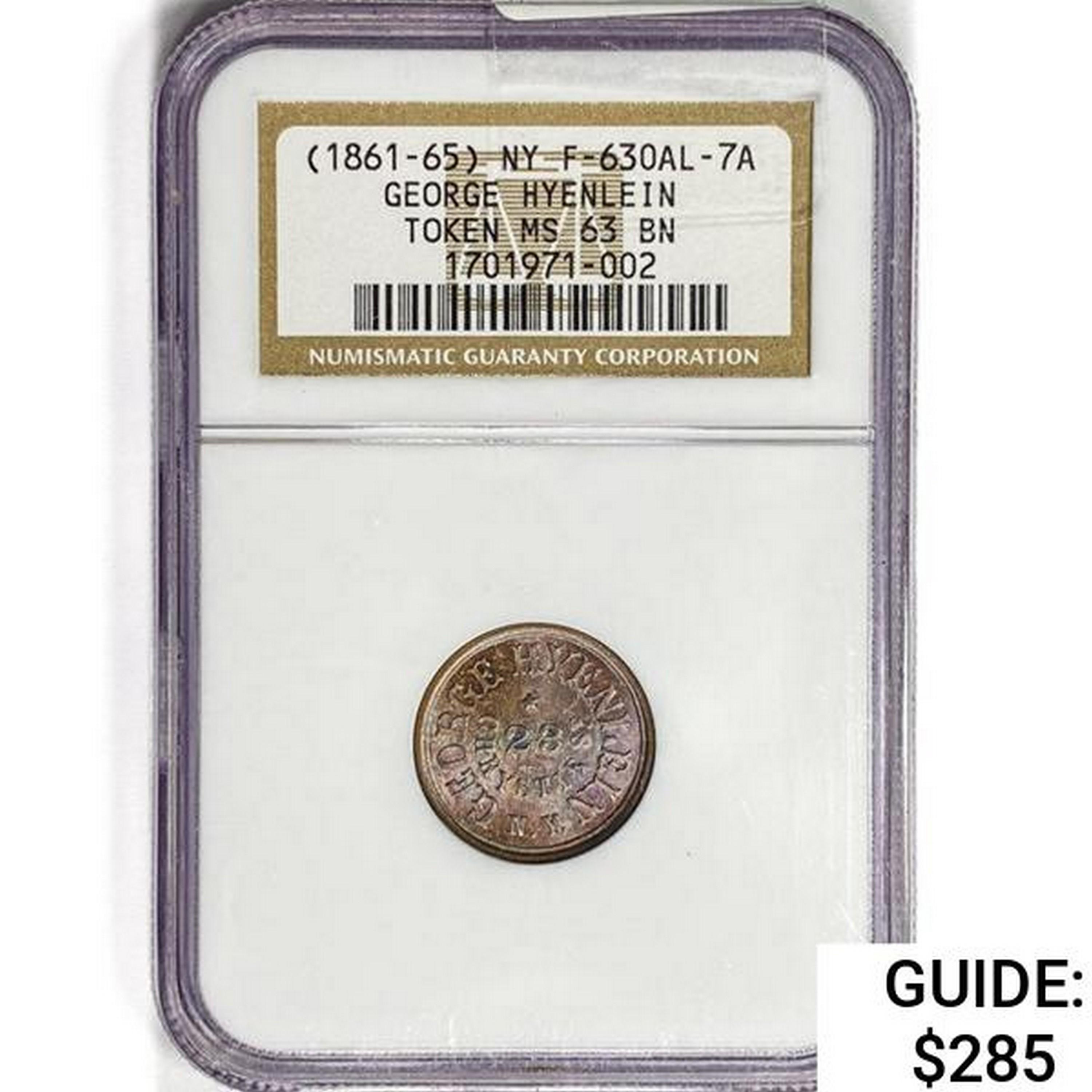 1861-65 NY Token F-630AL-7A NGC MS63 BN