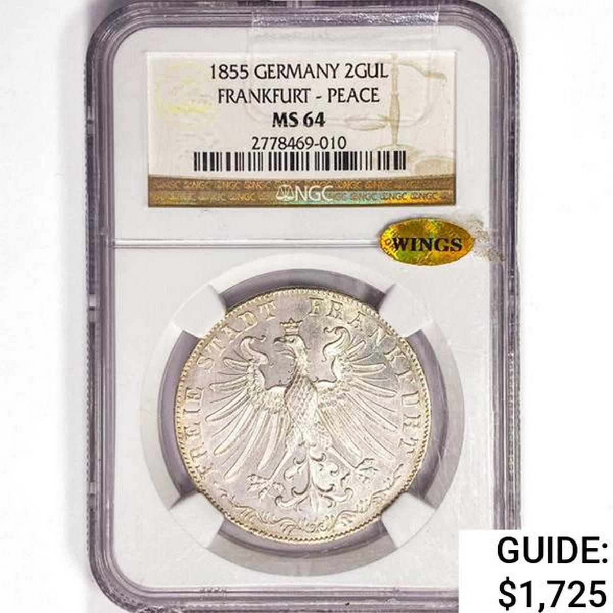 1855 German 2 Gulden NGC MS64 Wings, Frankurt Peac