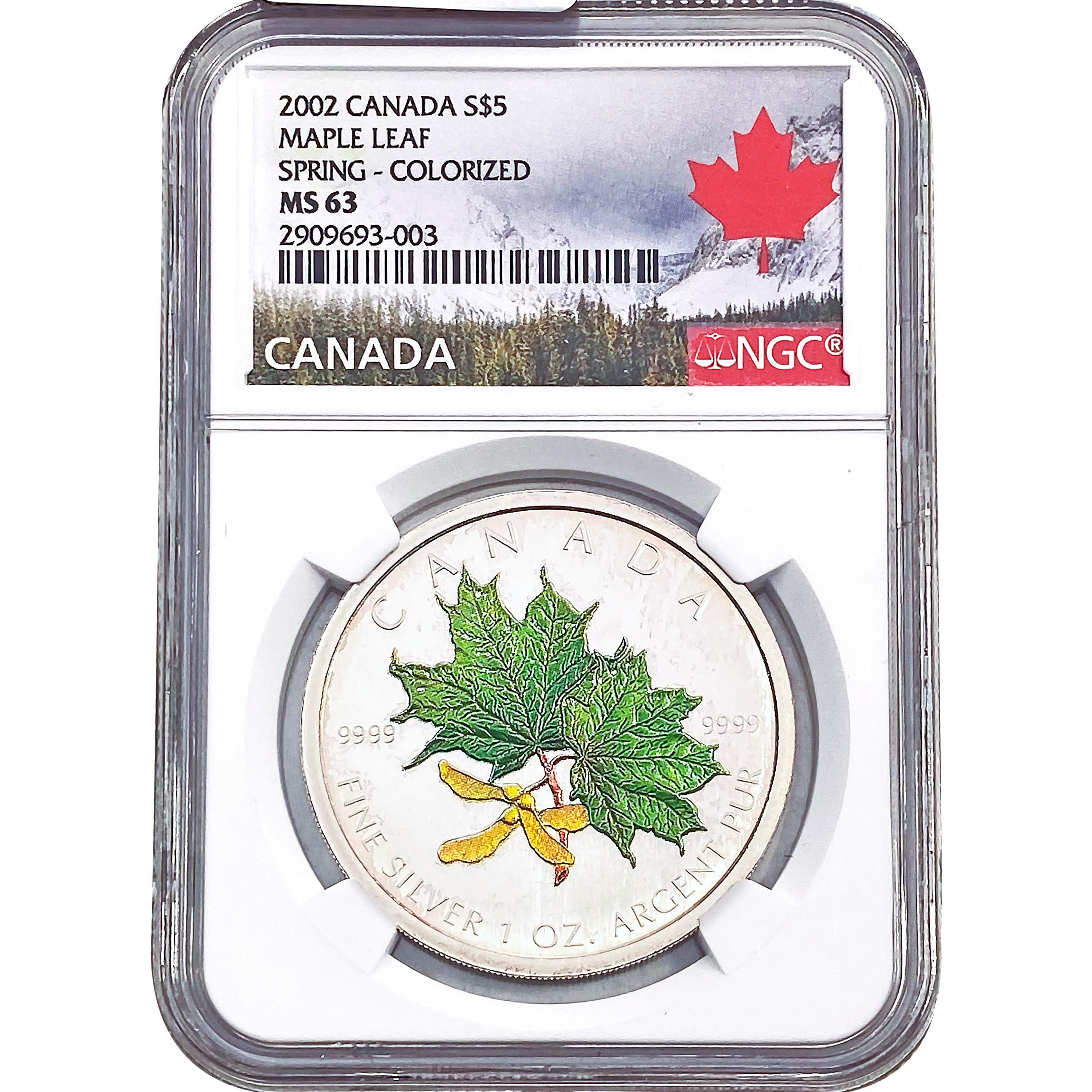 2002 Canada Silv. $5 Maple Leaf Spring-Colorized N