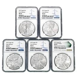 2019 US Silver Eagles [5 Coins] NGC MS69-70 1st Da