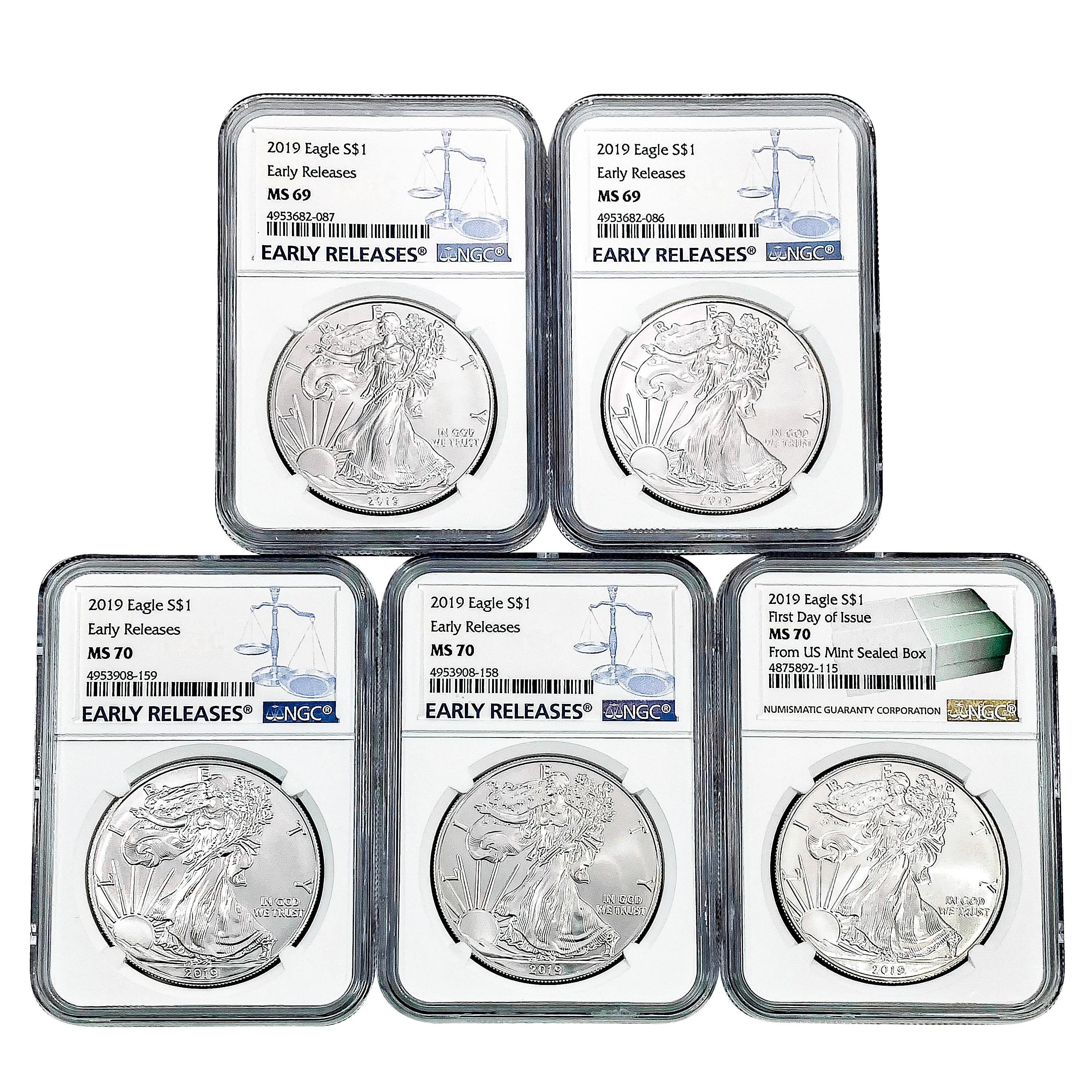 2019 US Silver Eagles [5 Coins] NGC MS69-70 1st Da