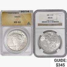 1881, 1924 (Set 2) Morgan & Peace Silver $1  MS