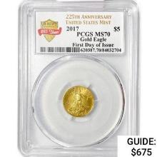 2017 $5 1/10oz AGE PCGS MS70 1st Day, 225th Ann