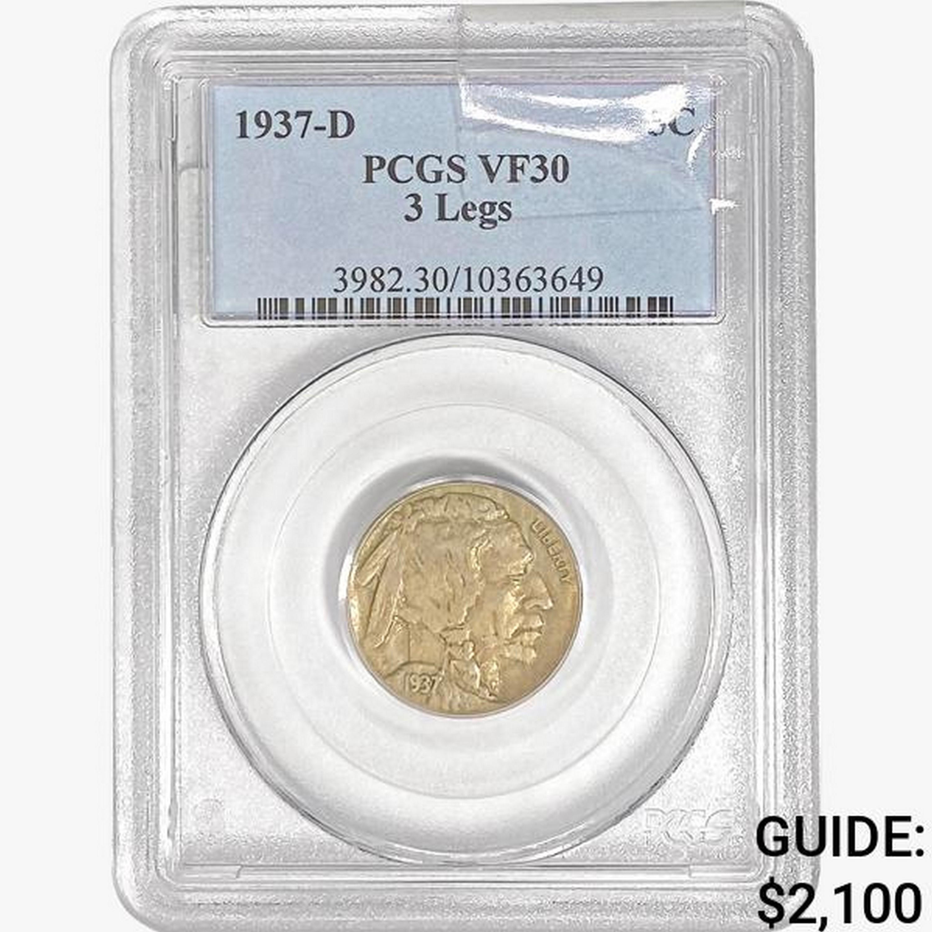 1937-D Buffalo Nickel PCGS VF30 3 Legs