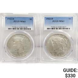 1922-D Set [2] Silver Peace Dollar PCGS MS61