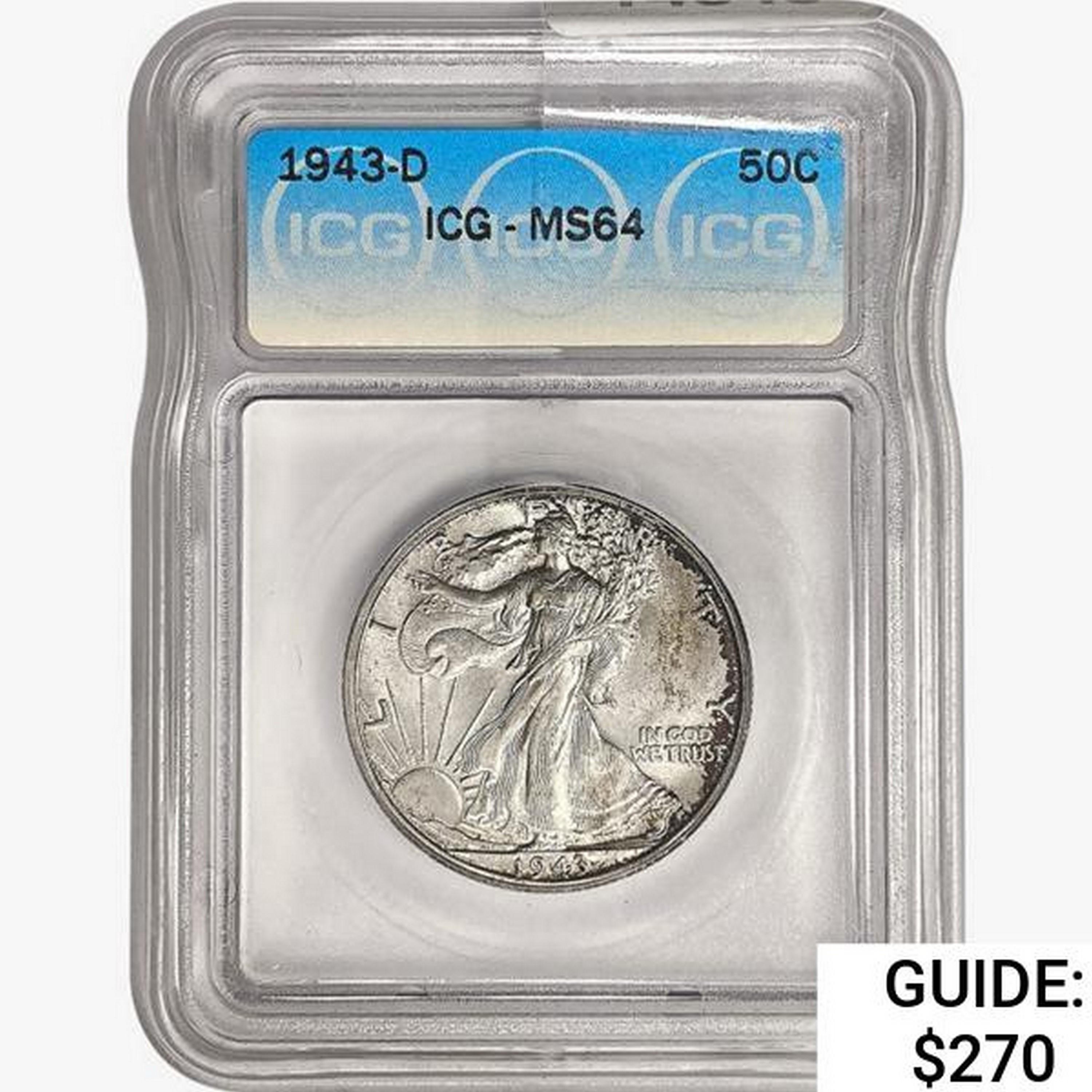 1943-D Walking Liberty Half Dollar ICG MS64