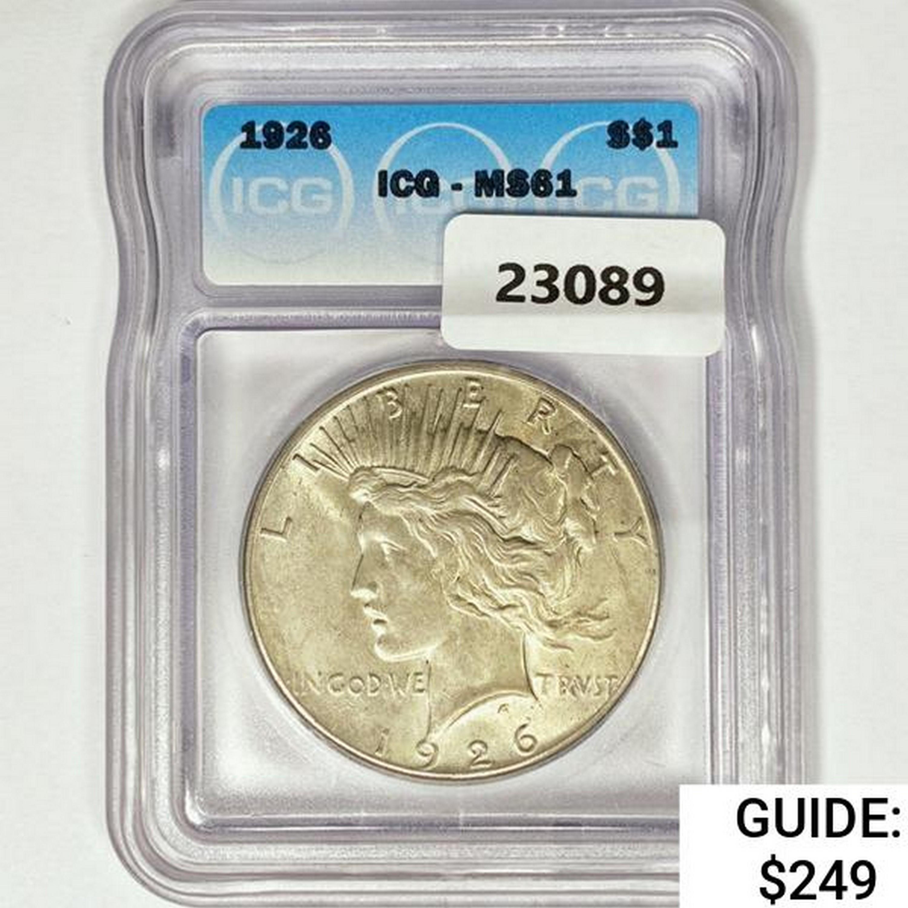 1926 Silver Peace Dollar ICG MS61