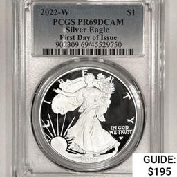 2022-W Silver Eagle PCGS PR69 DCAM, 1st Day of Iss